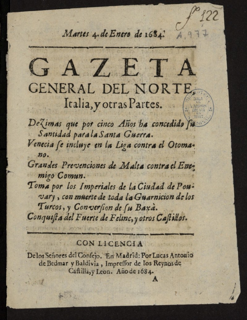 Gazeta General del Norte, Italia, y Otras Partes del 4 de enero de 1684
