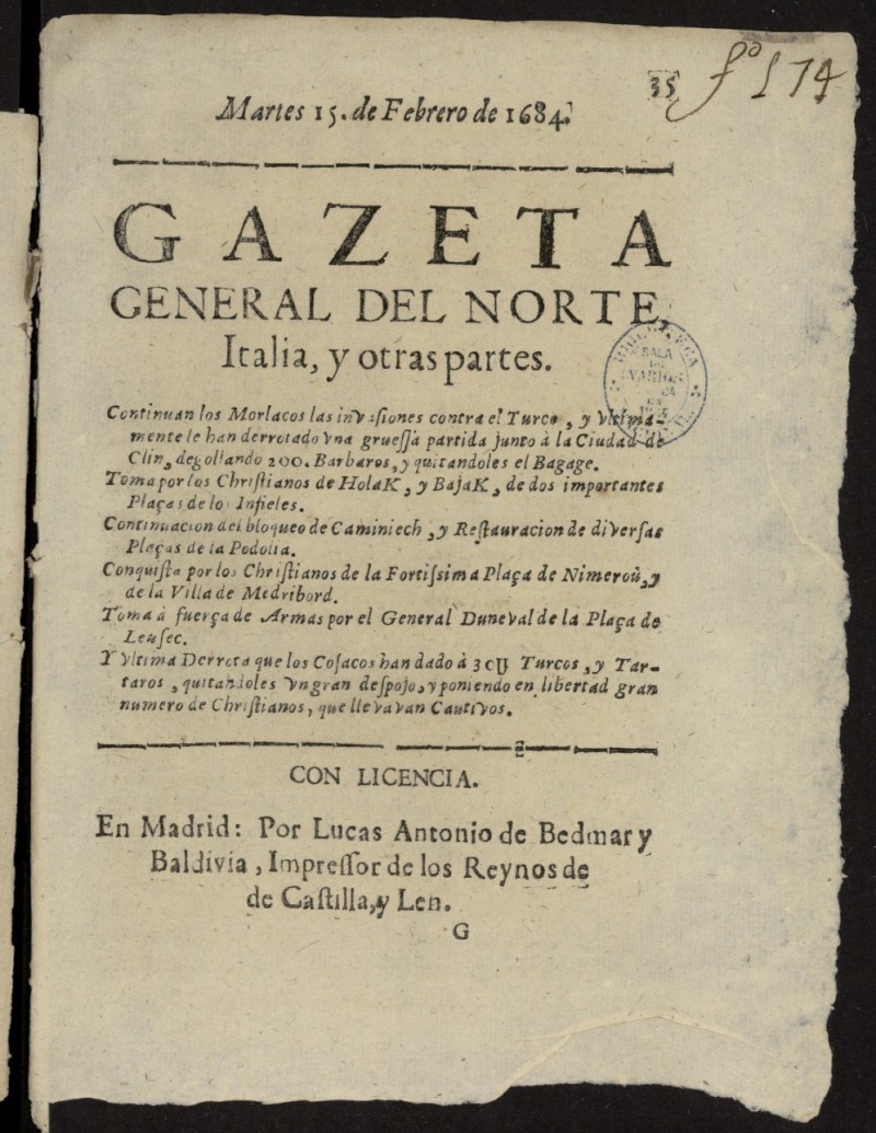 Gazeta General del Norte, Italia, y Otras Partes del 15 de febrero de 1684