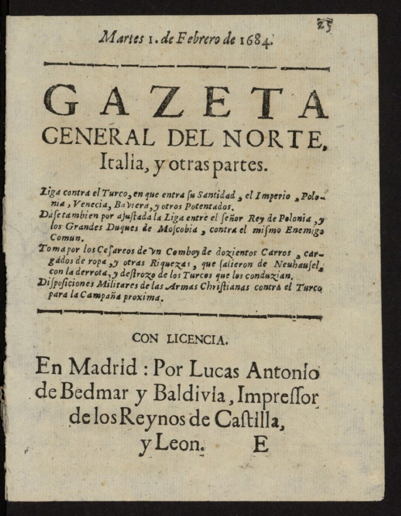 Gazeta General del Norte, Italia, y Otras Partes del 1 de febrero de 1684