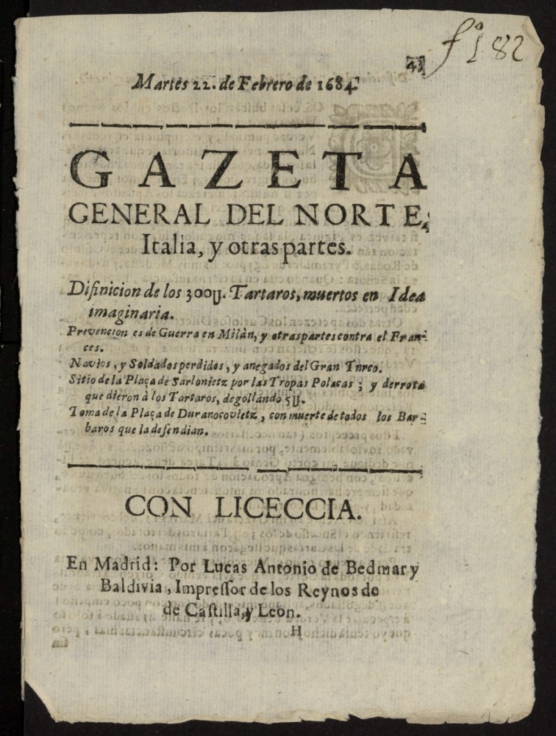 Gazeta General del Norte, Italia, y Otras Partes del 22 de febrero de 1684