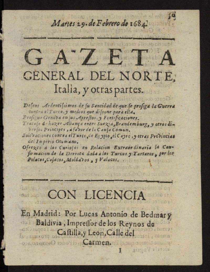 Gazeta General del Norte, Italia, y Otras Partes del 29 de febrero de 1684