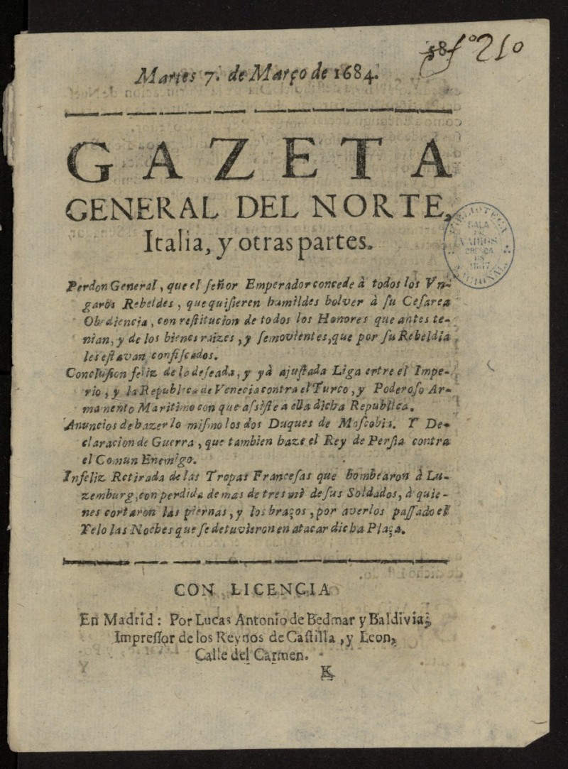 Gazeta General del Norte, Italia, y Otras Partes del 7 de marzo de 1684