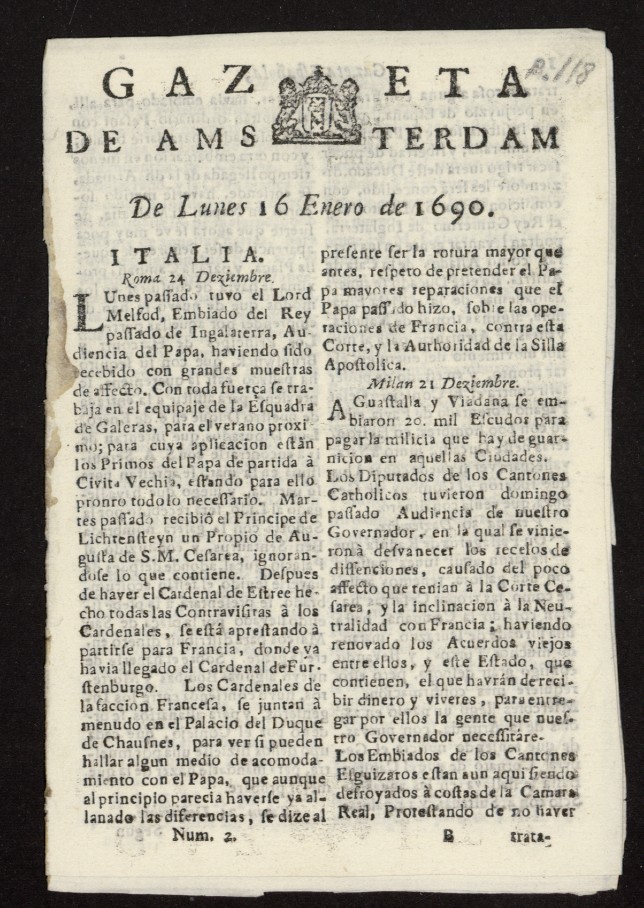 Gazeta Espaola de msterdam del 16 de enero de 1690, n 2