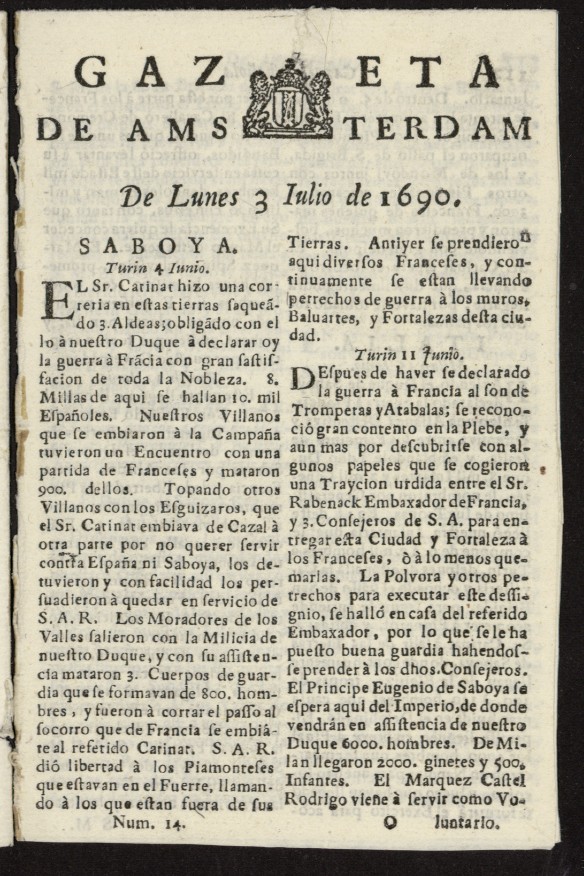 Gazeta Espaola de msterdam del 3 de julio de 1690, n 14
