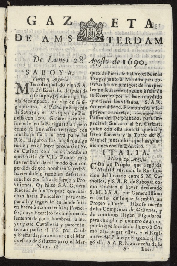 Gazeta Espaola de msterdam del 28 de agosto de 1690, n 18