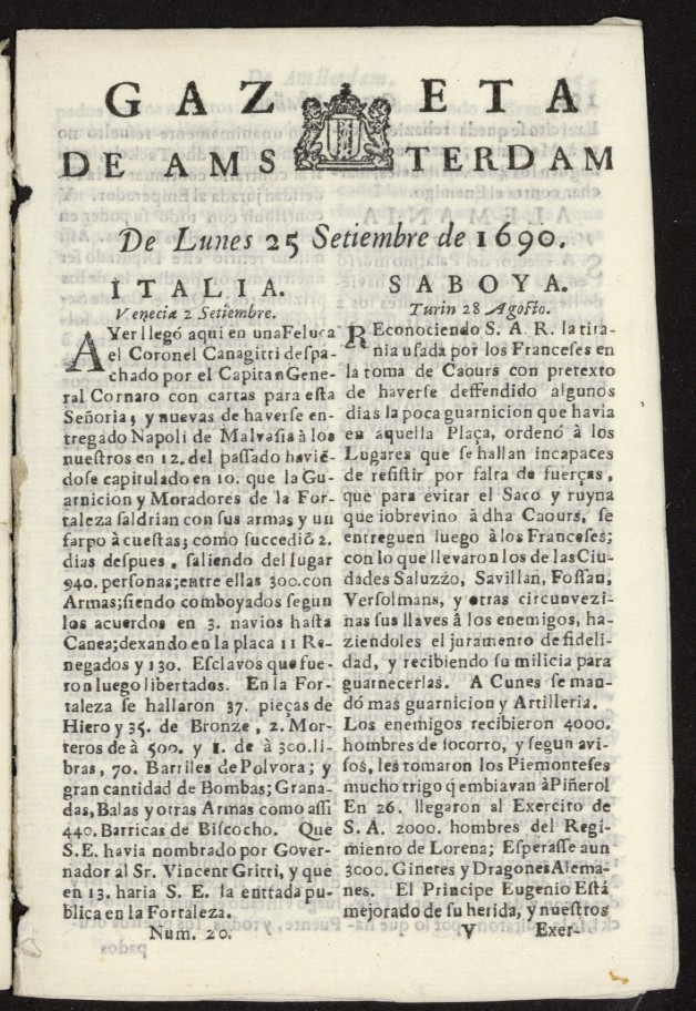 Gazeta Espaola de msterdam del 25 de septiembre de 1690, n 20