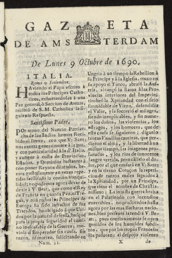 Gazeta Espaola de msterdam del 9 de octubre de 1690, n 21