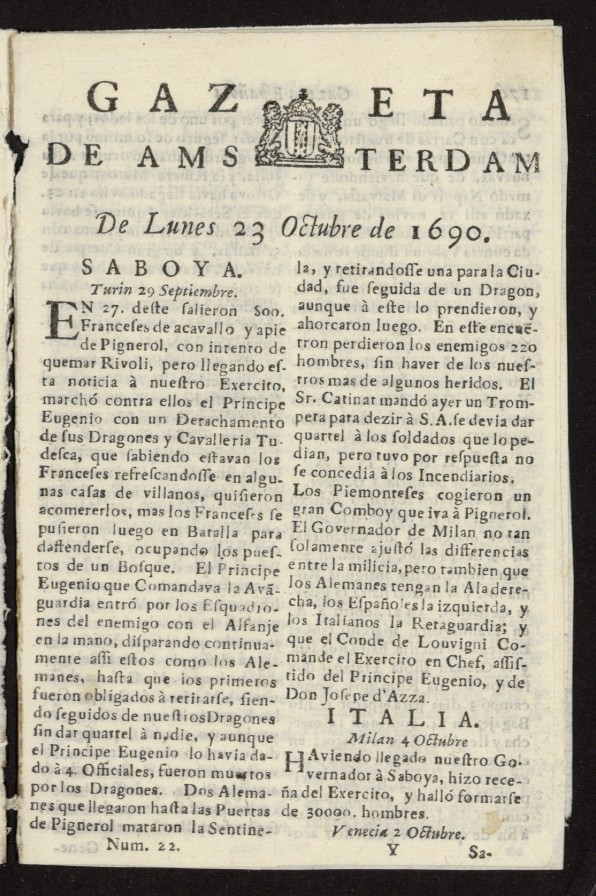 Gazeta Espaola de msterdam del 23 de octubre de 1690, n 22