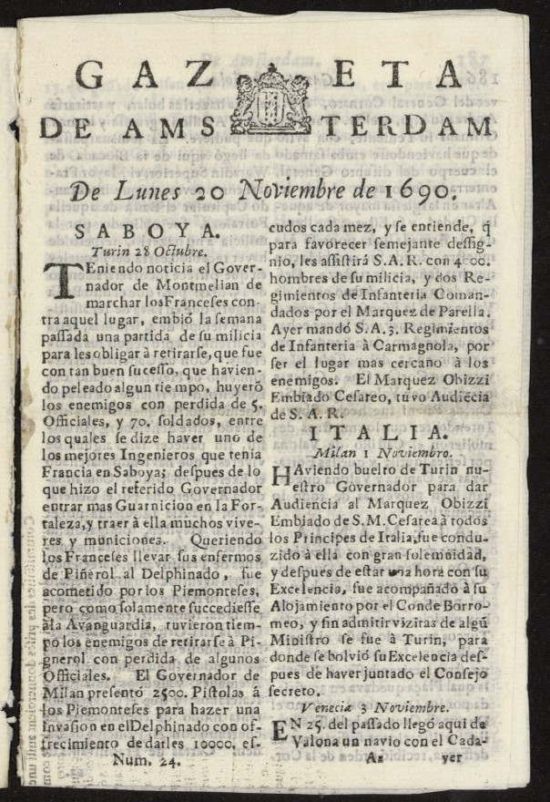 Gazeta Espaola de msterdam del 20 de noviembre de 1690, n 24