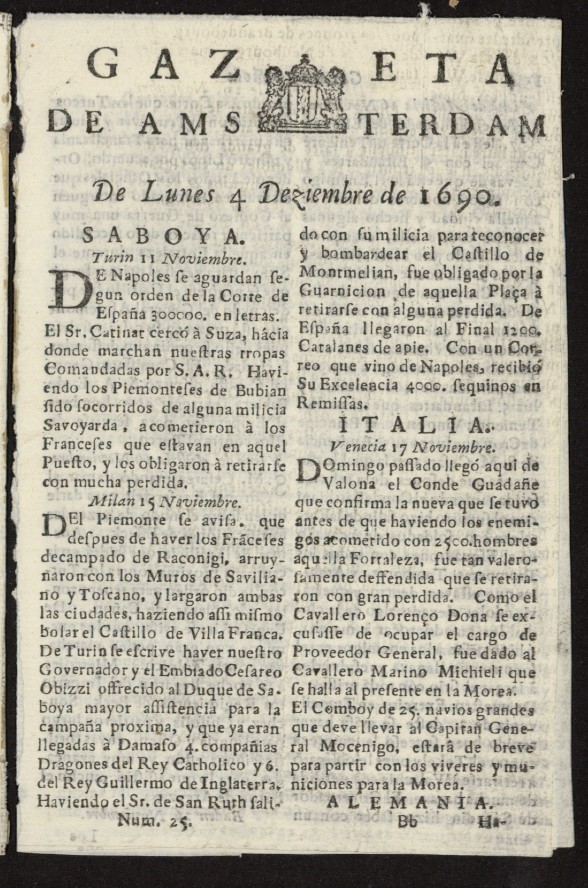 Gazeta Espaola de msterdam del 4 de diciembre de 1690, n 25