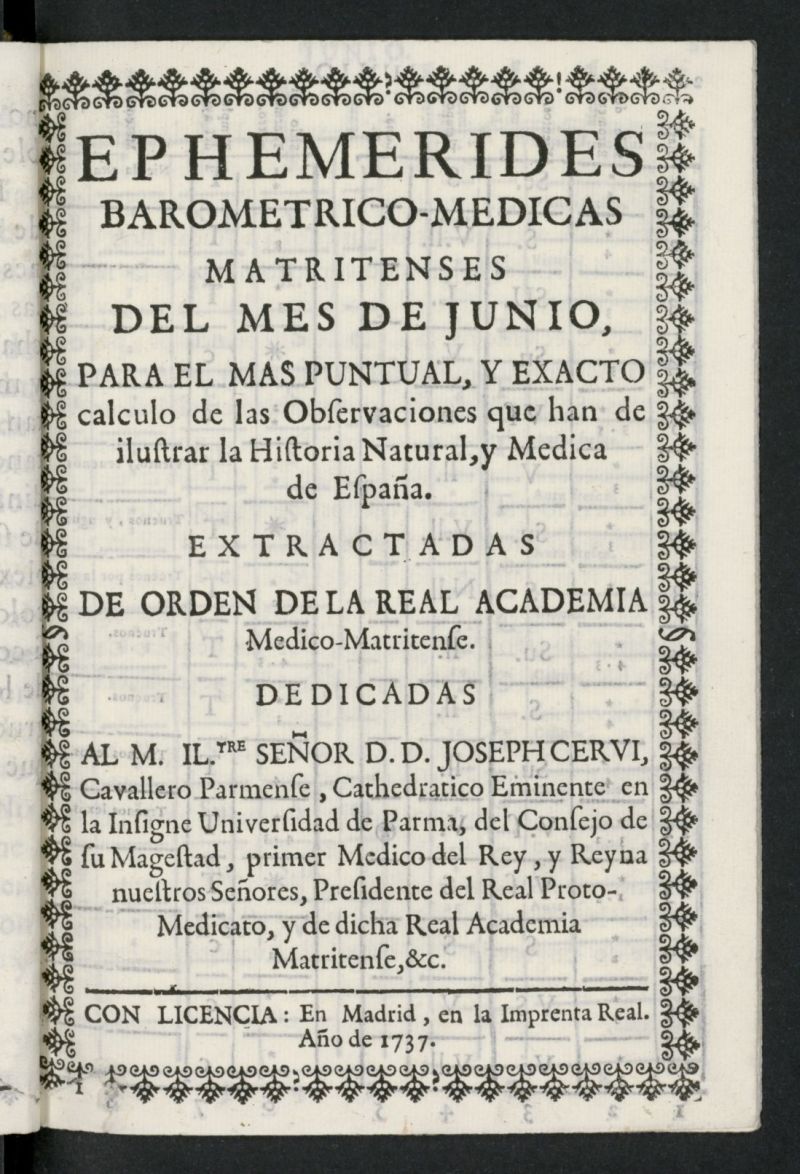Ephemmérides barométrico-médicas matritenses de junio de 1737