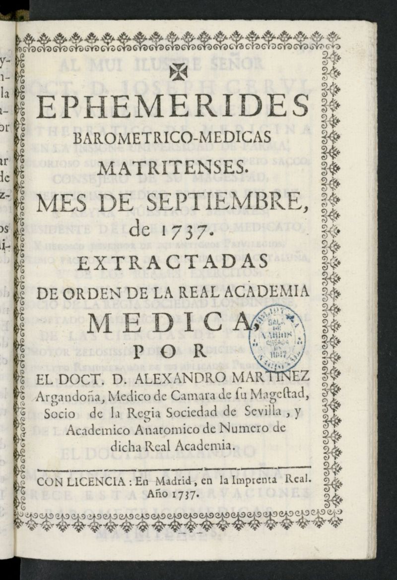 Ephemmérides barométrico-médicas matritenses de septiembre de 1737