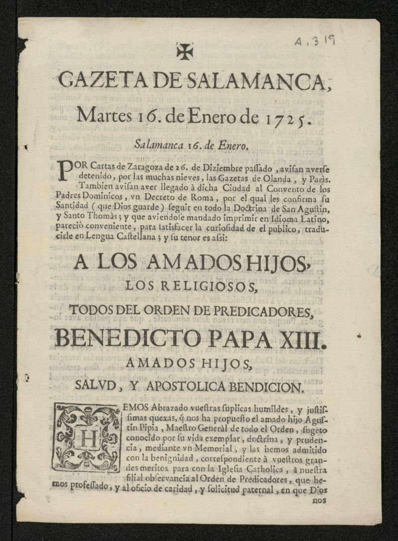 Gazeta de Salamanca del 16 de enero de 1725