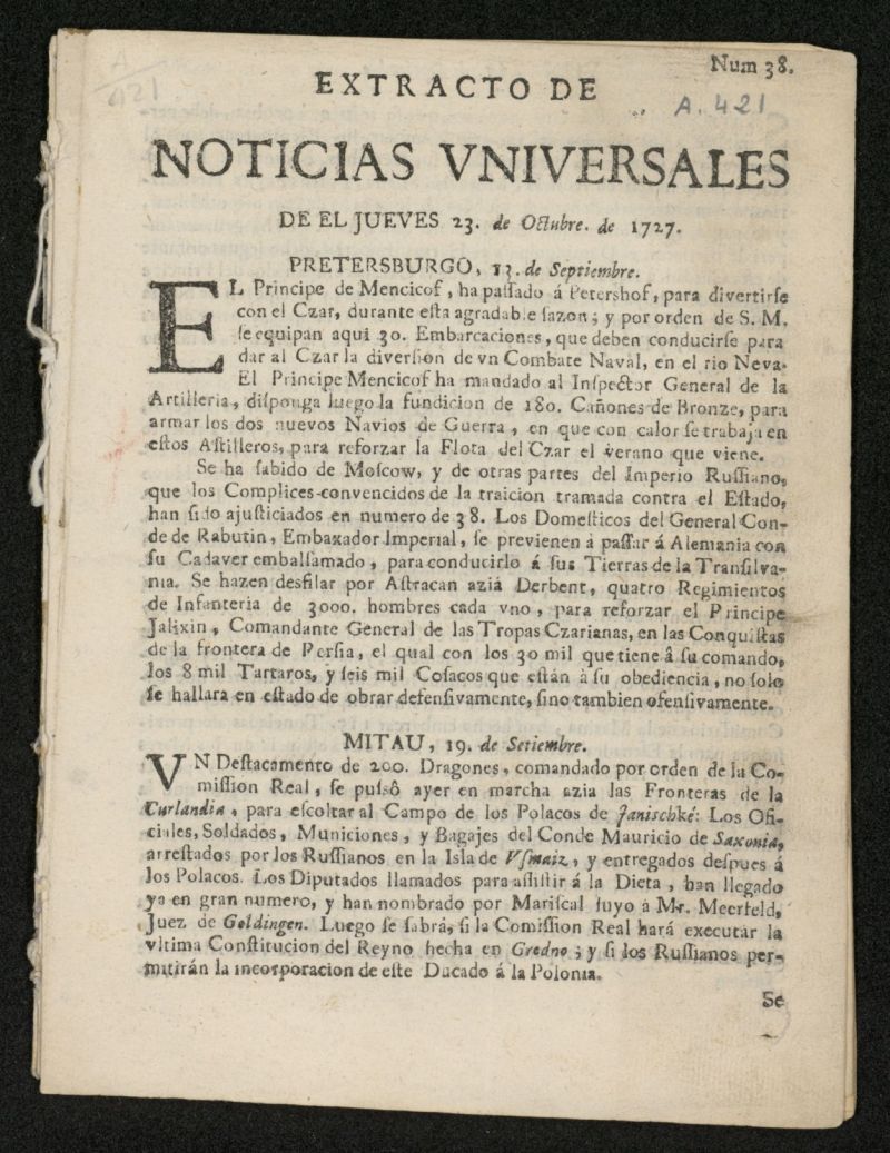 Extracto de Noticias Universales del 23 de octubre de 1727, n 38