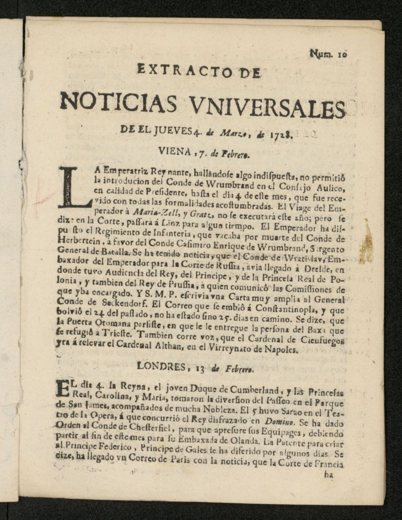 Extracto de Noticias Universales del 4 de marzo de 1728, n 10
