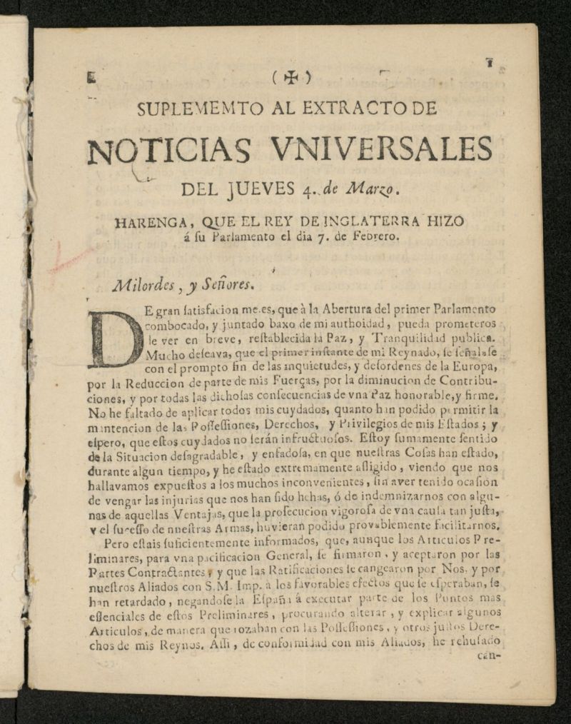 Extracto de Noticias Universales del 4 de marzo de 1728, suplemento