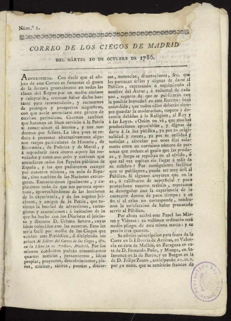 Correo de los Ciegos de Madrid del 10 de octubre de 1786, n 1