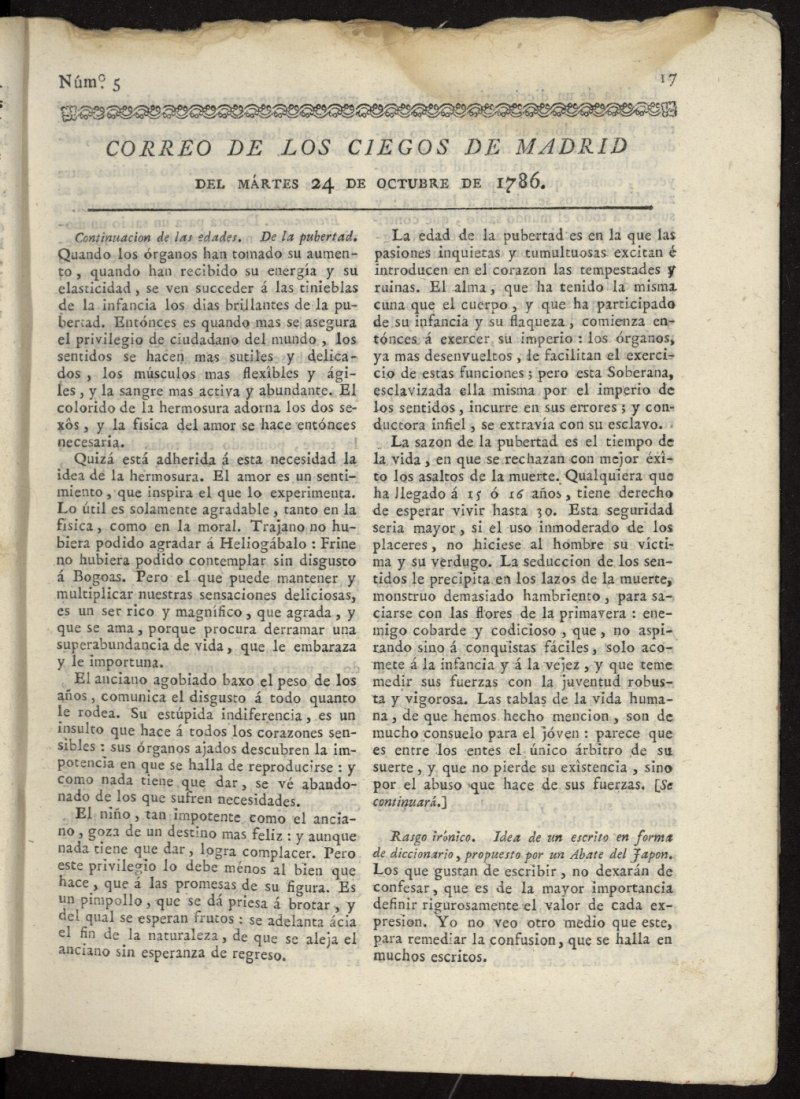 Correo de los Ciegos de Madrid del 24 de octubre de 1786, n 5