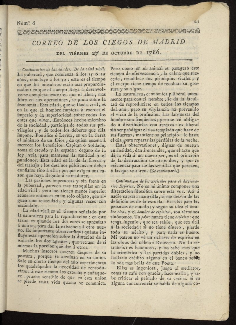 Correo de los Ciegos de Madrid del 27 de octubre de 1786, n 6