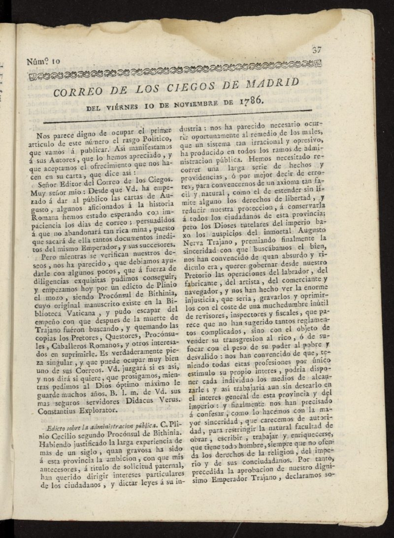 Correo de los Ciegos de Madrid del 10 de noviembre de 1786, n 10