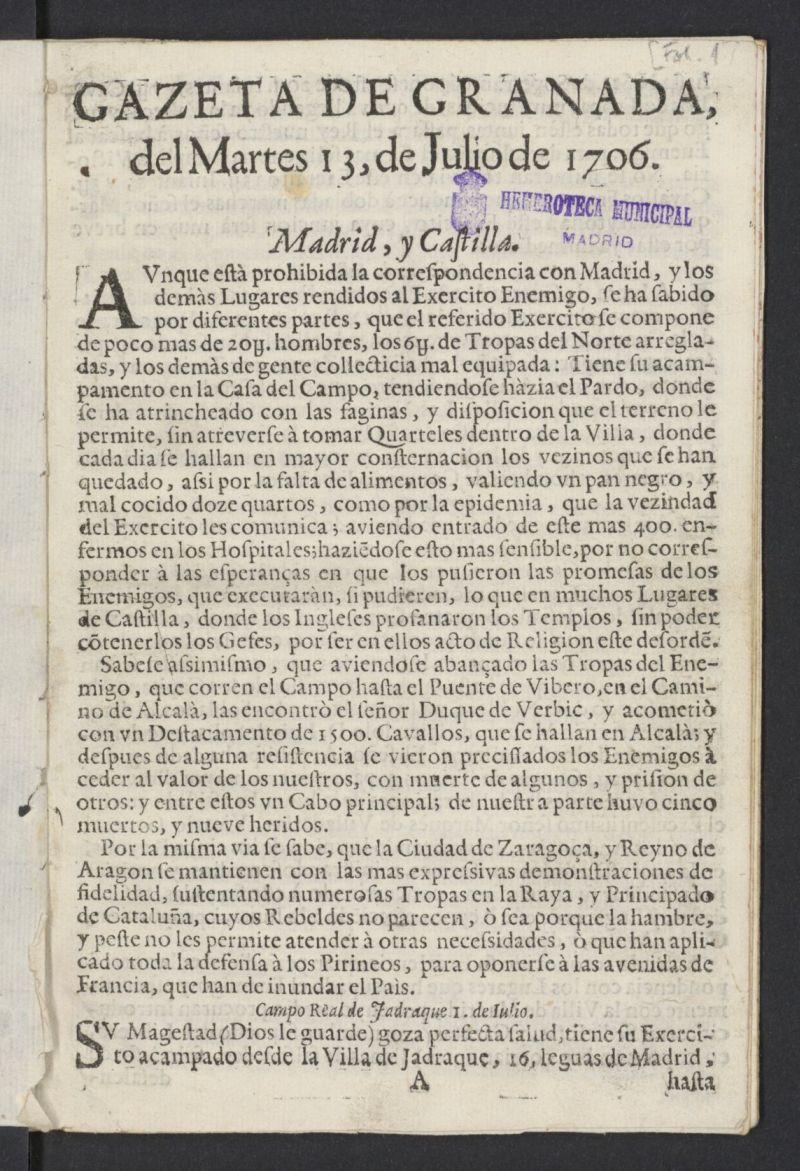 Gazeta de Granada del 13 de julio de 1706, n 1