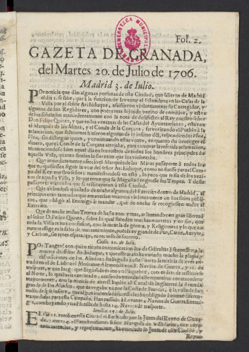 Gazeta de Granada del 20 de julio de 1706, n 2