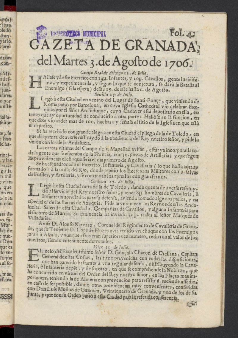 Gazeta de Granada del 3 de agosto de 1706, n 4