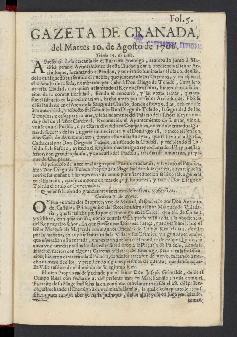 Gazeta de Granada del 10 de agosto de 1706, n 5