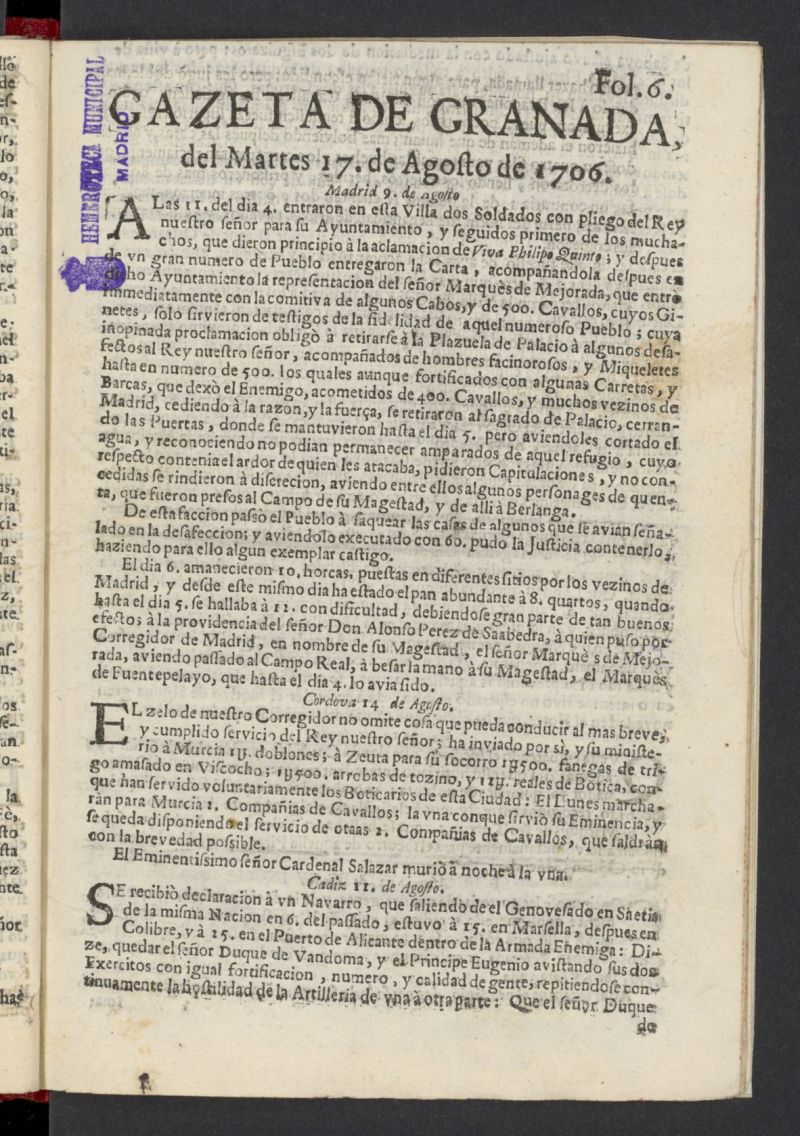 Gazeta de Granada del 17 de agosto de 1706, n 6
