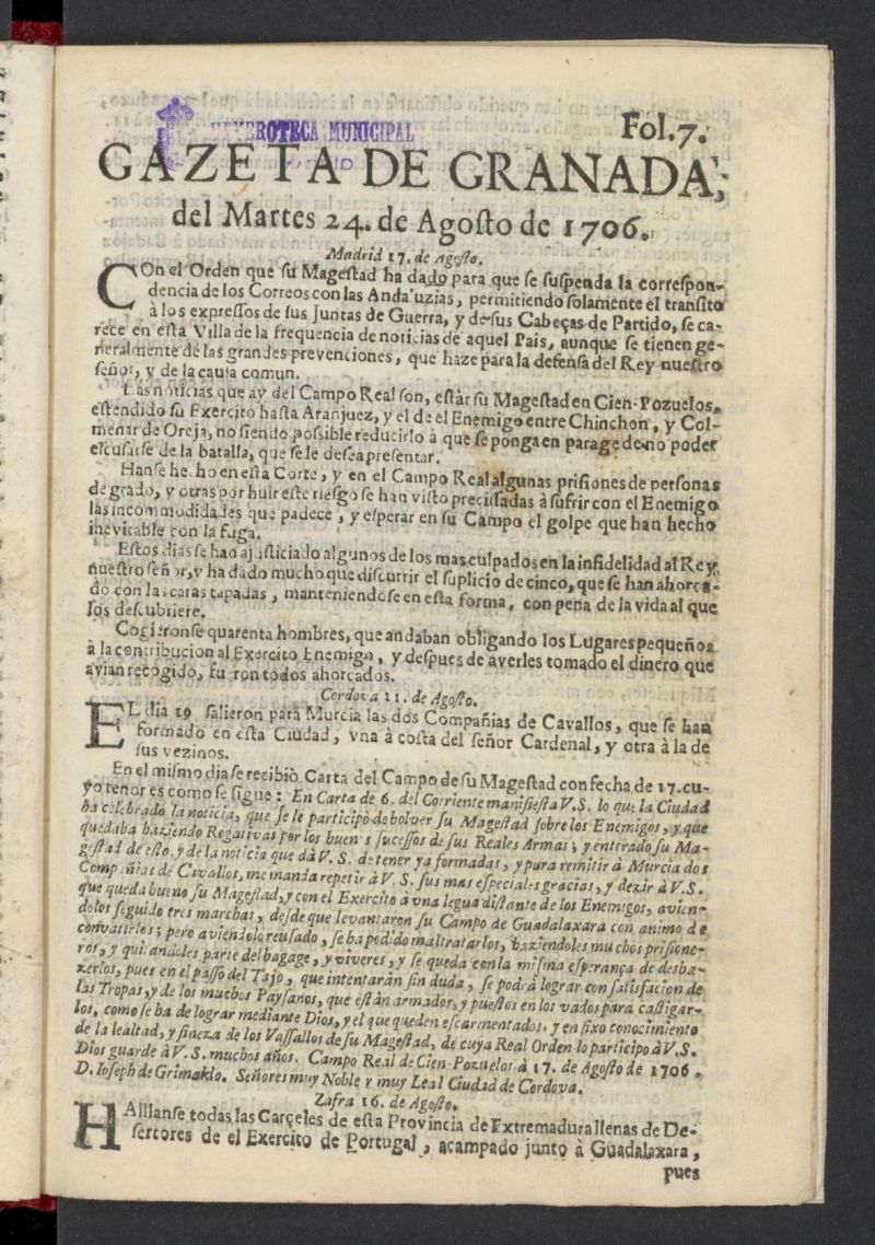 Gazeta de Granada del 24 de agosto de 1706, n 7