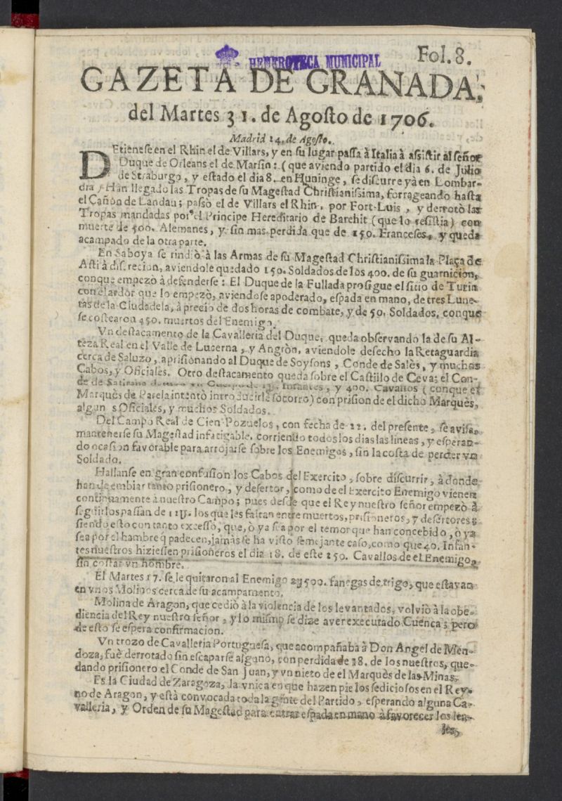 Gazeta de Granada del 31 de agosto de 1706, n 8