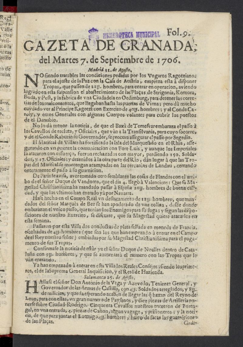 Gazeta de Granada del 7 de septiembre de 1706, n 9