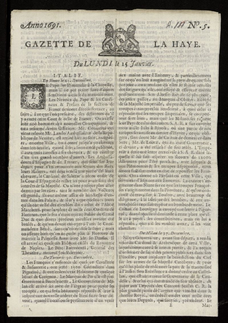 Gazette de la Haye del 15 de enero de 1691, n 5