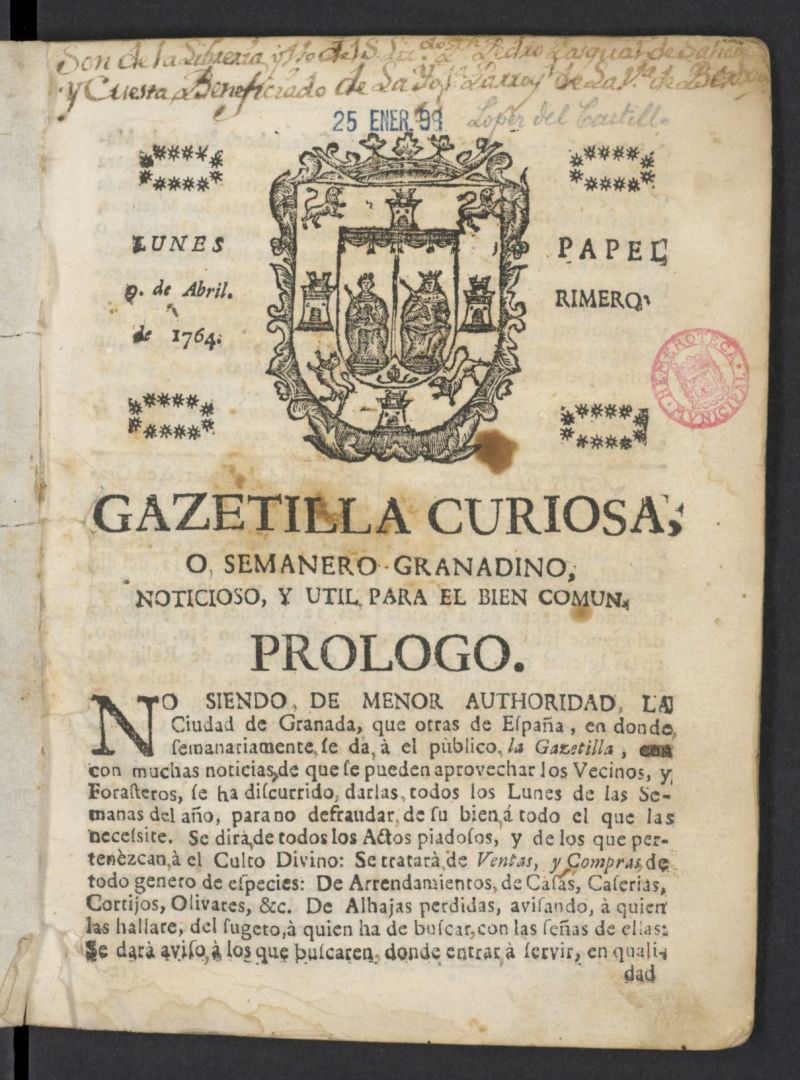 Gazetilla Curiosa o Semanero granadino noticioso del 9 de abril de 1764, n 1
