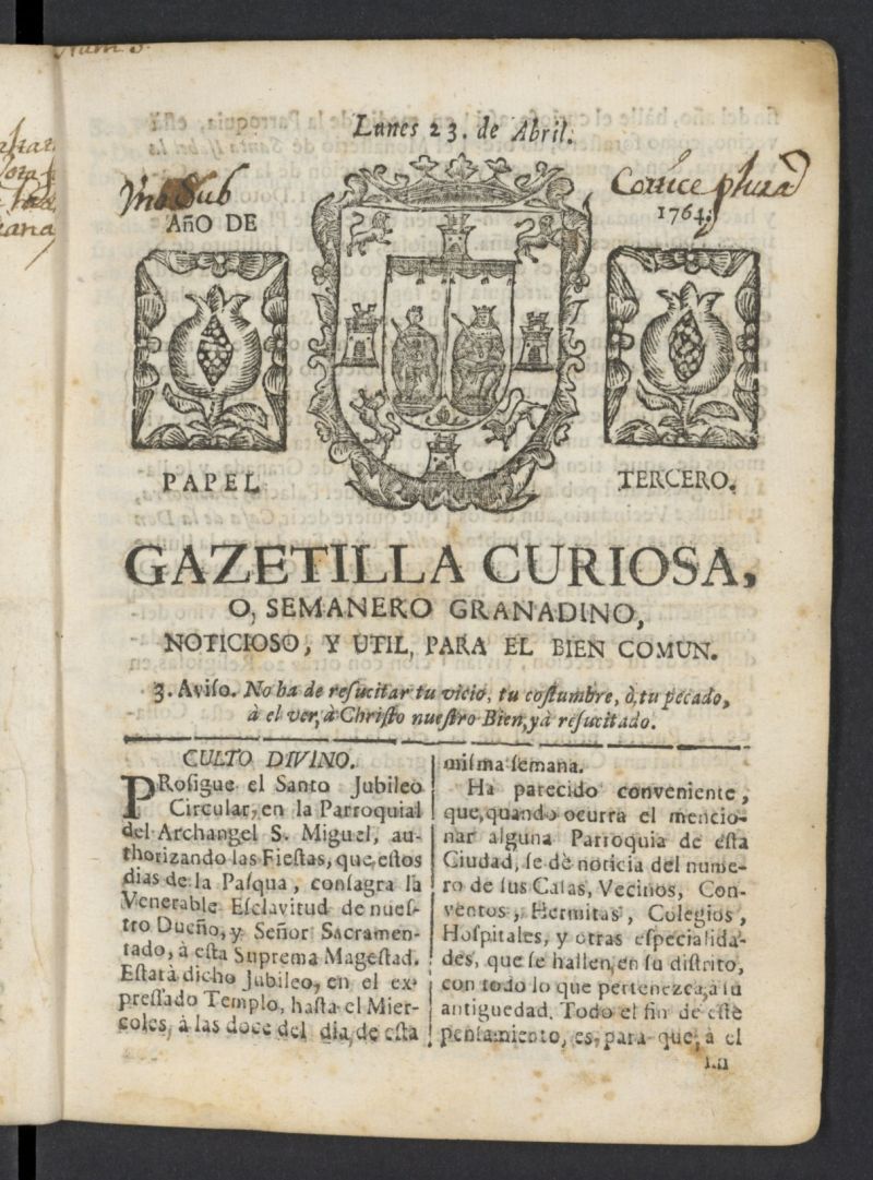 Gazetilla Curiosa o Semanero granadino noticioso del 23 de abril de 1764, n 3