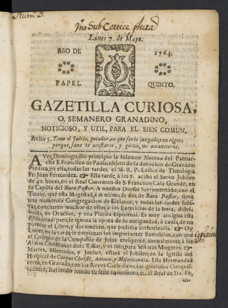 Gazetilla Curiosa o Semanero granadino noticioso del 7 de mayo de 1764, n 5