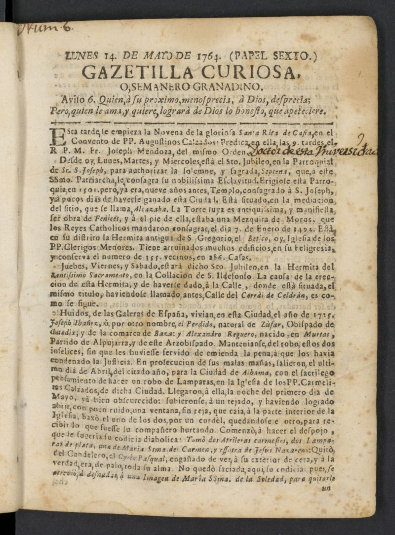 Gazetilla Curiosa o Semanero granadino noticioso del 14 de mayo de 1764, n 6
