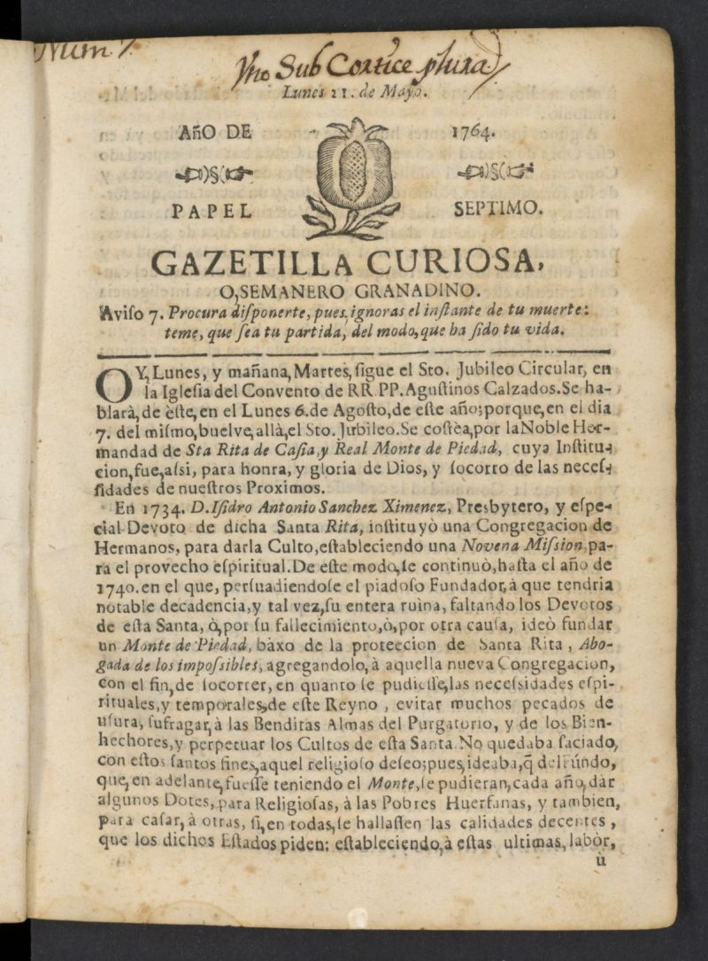 Gazetilla Curiosa o Semanero granadino noticioso del 21 de mayo de 1764, n 7