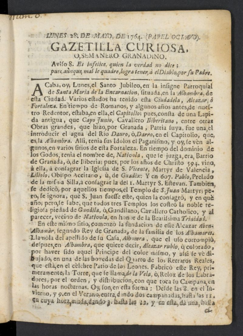 Gazetilla Curiosa o Semanero granadino noticioso del 28 de mayo de 1764, n 8