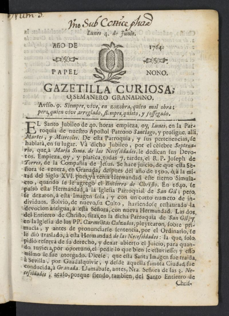Gazetilla Curiosa o Semanero granadino noticioso del 4 de junio de 1764, n 9