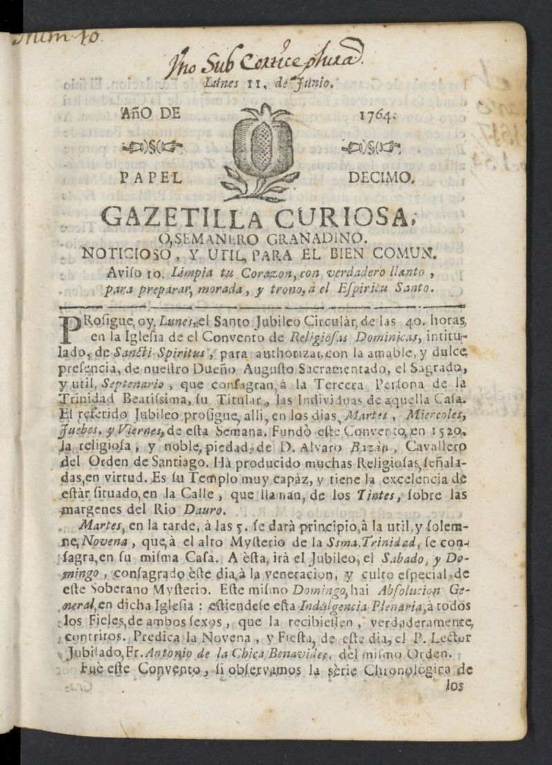 Gazetilla Curiosa o Semanero granadino noticioso del 11 de junio de 1764, n 10