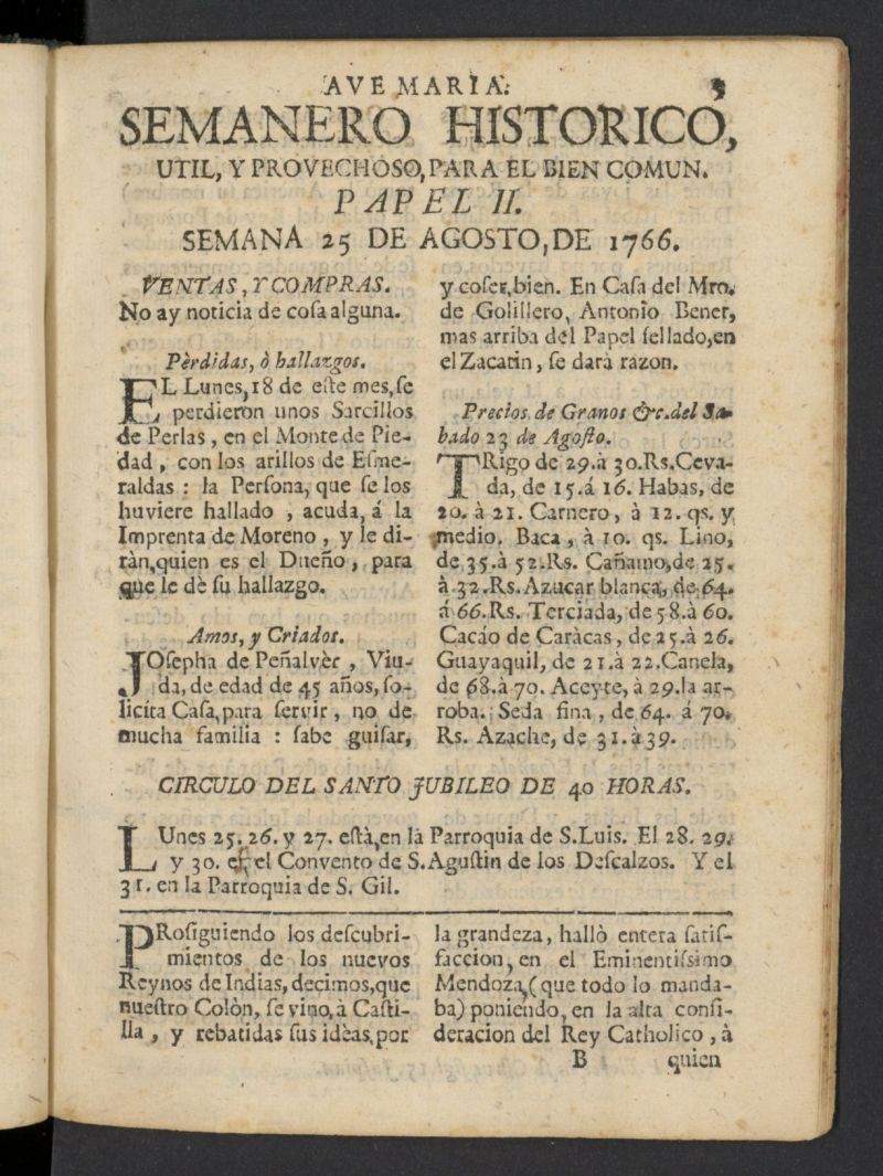 Semanero histrico, til, y provechoso, para el bien comn del 25 de agosto de 1766, n 2