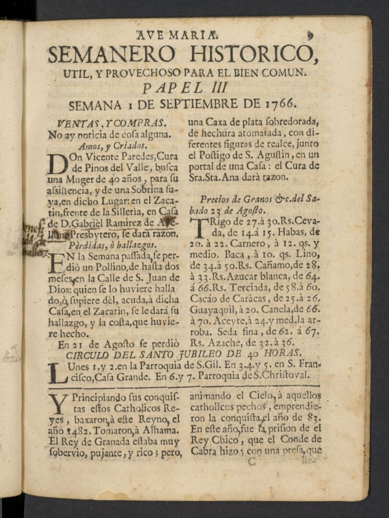 Semanero histrico, til, y provechoso, para el bien comn del 1 de septiembre de 1766, n 3