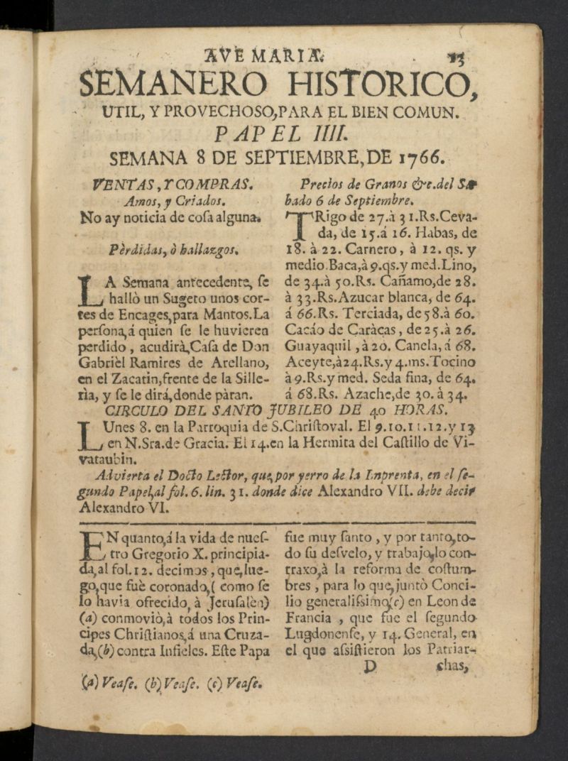 Semanero histrico, til, y provechoso, para el bien comn del 8 de septiembre de 1766, n 4