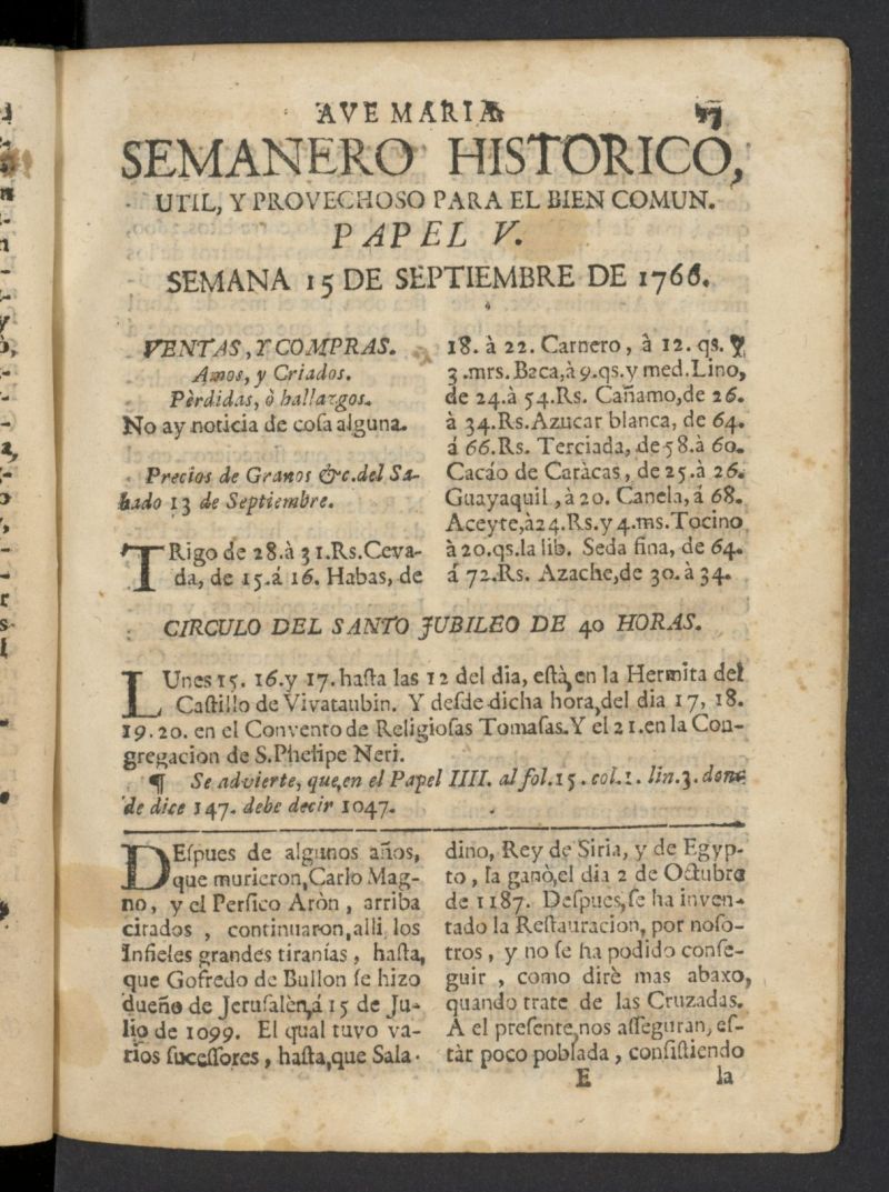 Semanero histrico, til, y provechoso, para el bien comn del 15 de septiembre de 1766, n 5