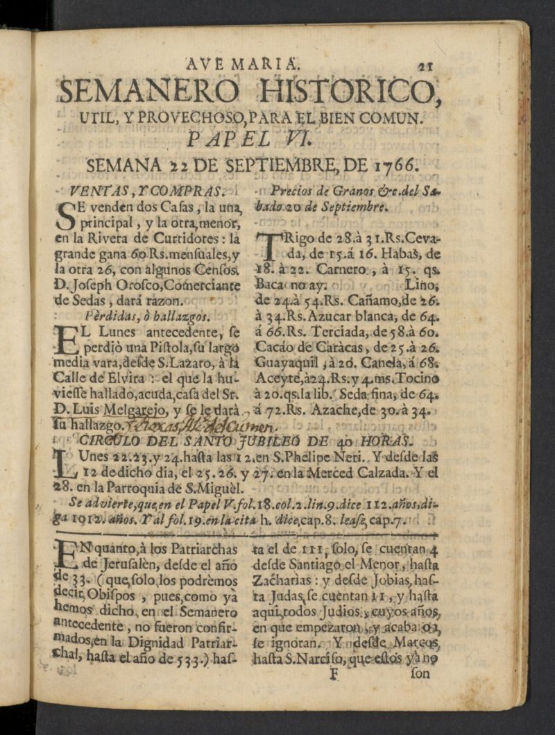 Semanero histrico, til, y provechoso, para el bien comn del 22 de septiembre de 1766, n 6