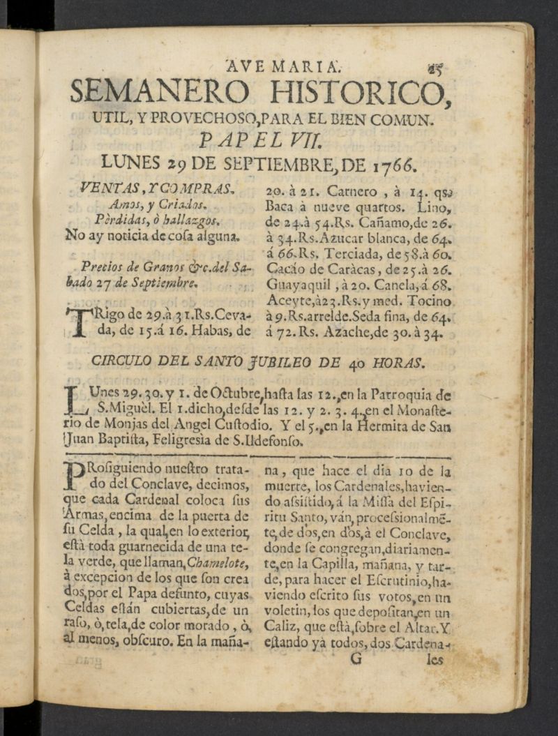 Semanero histrico, til, y provechoso, para el bien comn del 29 de septiembre de 1766, n 7