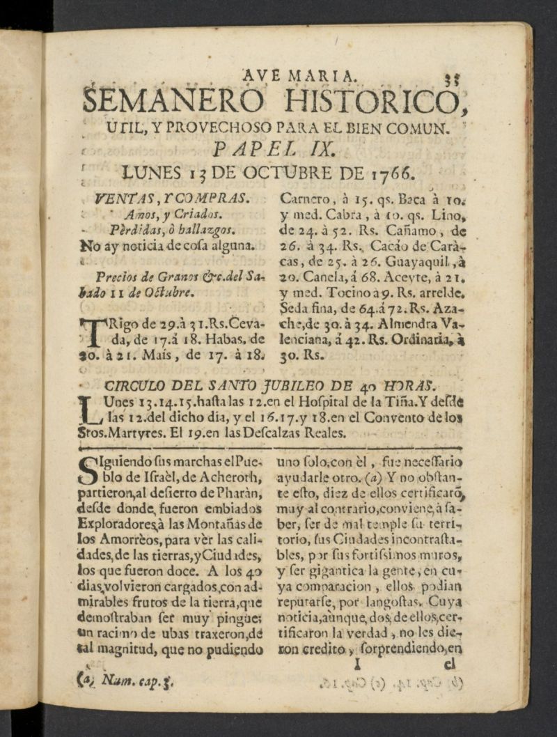 Semanero histrico, til, y provechoso, para el bien comn del 13 de octubre de 1766, n 9