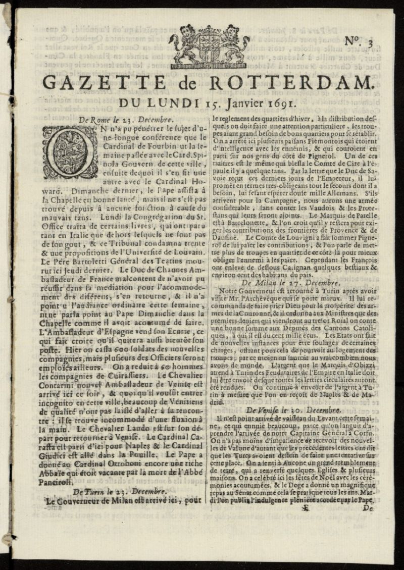 Gazette de Rotterdam del 15 de enero de 1691, n 3