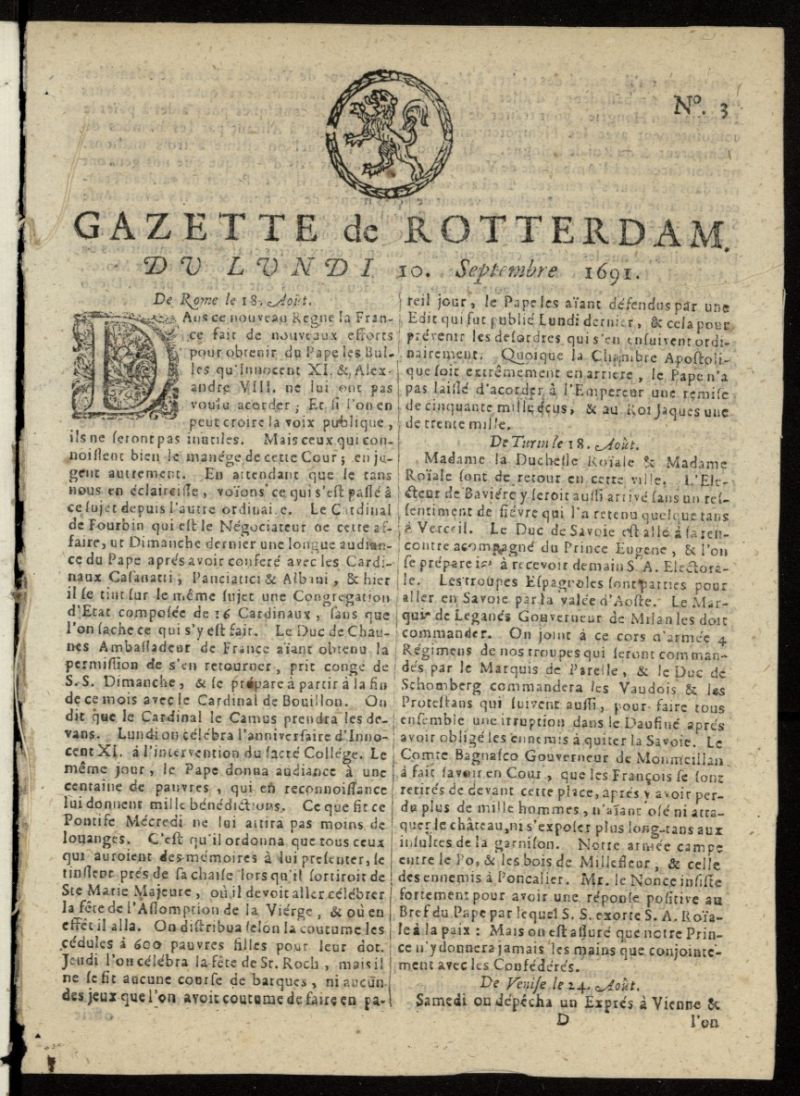 Gazette de Rotterdam del 10 de septiembre de 1691, n 3 [sic]